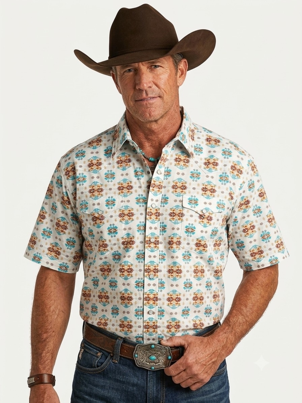 Panhandle Short-Sleeve Western Print Shirt Size XL EUC P2P 24